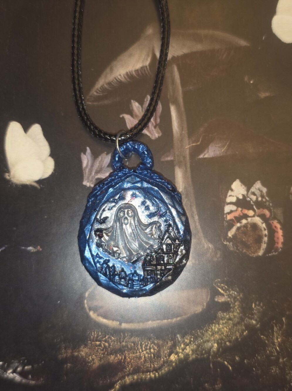 Halloween Ghost Scene Pendant On Black Cord Necklace